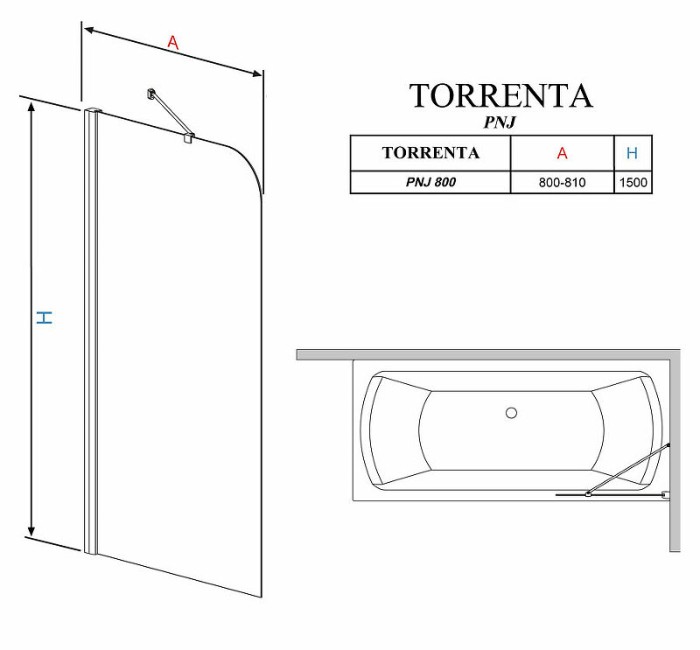 Radaway шторка на ванну pnj 80 профиль хром стекло прозрачное, Torrenta - 201101-101NL