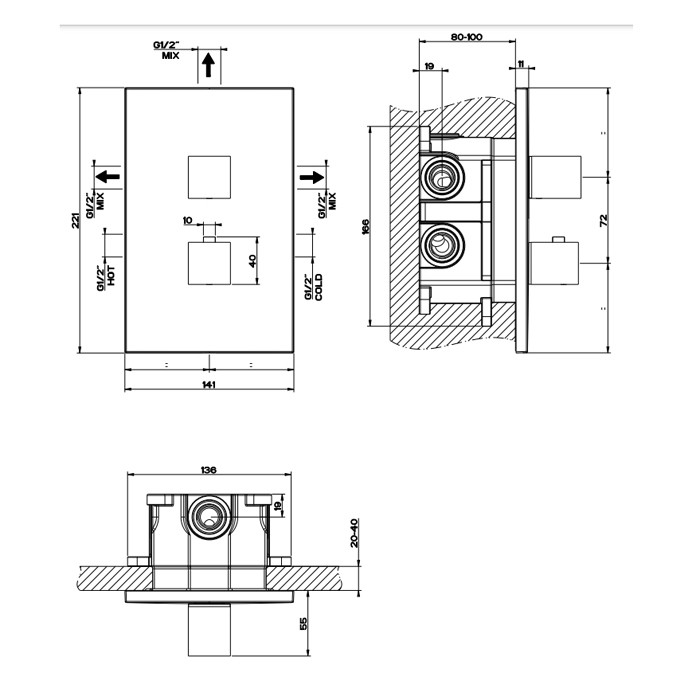 Gessi Смеситель для душа, встраиваемый, термостатический, подключение на 3/4”, с переключателем на 3 выхода, Rettangolo, 20190#299 цвет: black xl