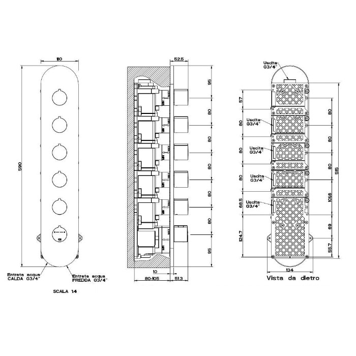 Gessi Встраиваемый термостат для душа, с 5ю независимыми выходами, верт/гориз установка, Tondo, 43070#031 цвет: хром