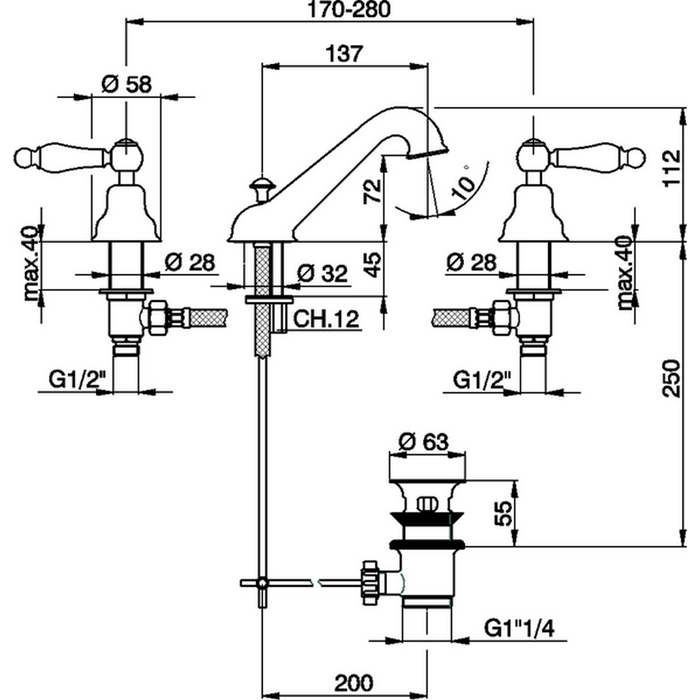 Cisal смеситель для раковины на 3 отверстия, с донным клапаном ts00102024 arcana toscana, цвет: золото