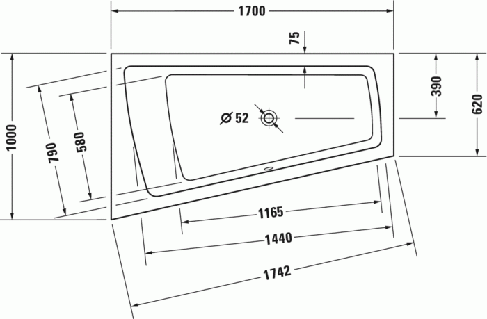 Duravit акриловая ванна 1700 х 1000 c наклоном для спины слева, paiova, 700212000000000 цвет: белый