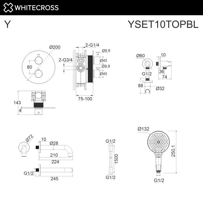 Термостатическая душевая система скрытого монтажа, Whitecross Y black, черный мат арт. YSET10TOPBL