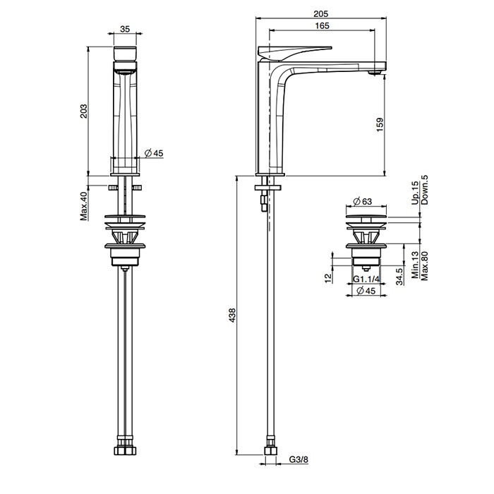 Fima Carlo Frattini смеситель для раковины, на 1 отв., излив 16.5см., с донным клапаном, zeta, черный арт. f3961lnns