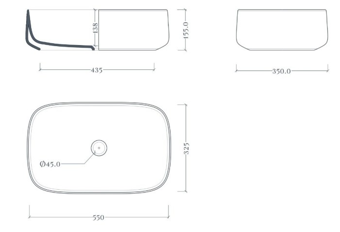Раковина накладная Quadro 55x35 см, ArtCERAM Cognac, белый с покрытием Saniglaze арт. COL008 01 34