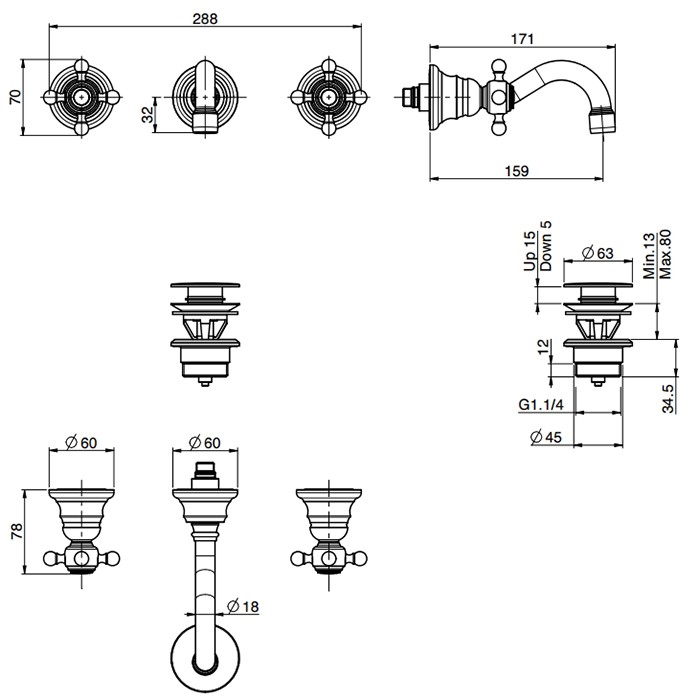 Fima Carlo Frattini смеситель для раковины, встраиваемый, излив: 15.9см., elizabeth, золото арт. f5081/5or
