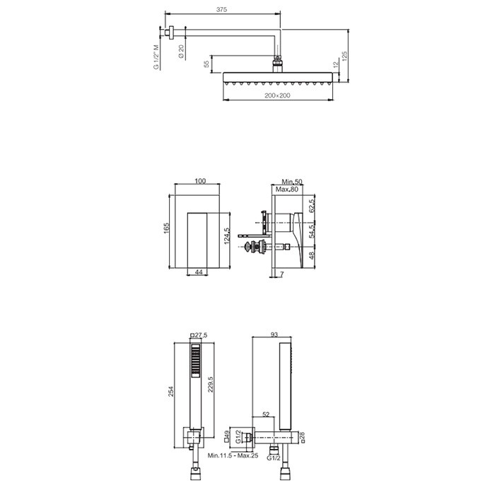 Fima Carlo Frattini душевая система, верхний душ 25х25см., со смесителем и ручным душем, на 2 источника sistemi doccia, чёрный арт. f3979ns