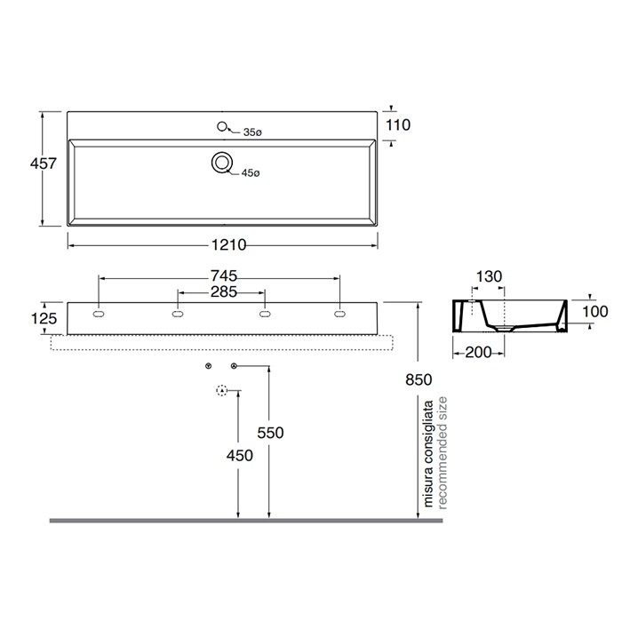 Azzurra раковина подвесная/накладная 122х45см., c 1 отв., Azzurra, ELLP122450QMBI*1 цвет: белый