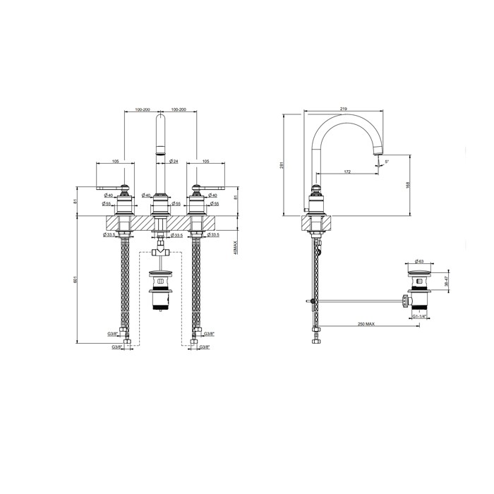 Gessi Смеситель для раковины на 3 отверстия, высота излива 168 мм., в комплекте с донным клапаном, Venti20, 65015#031 цвет: хром