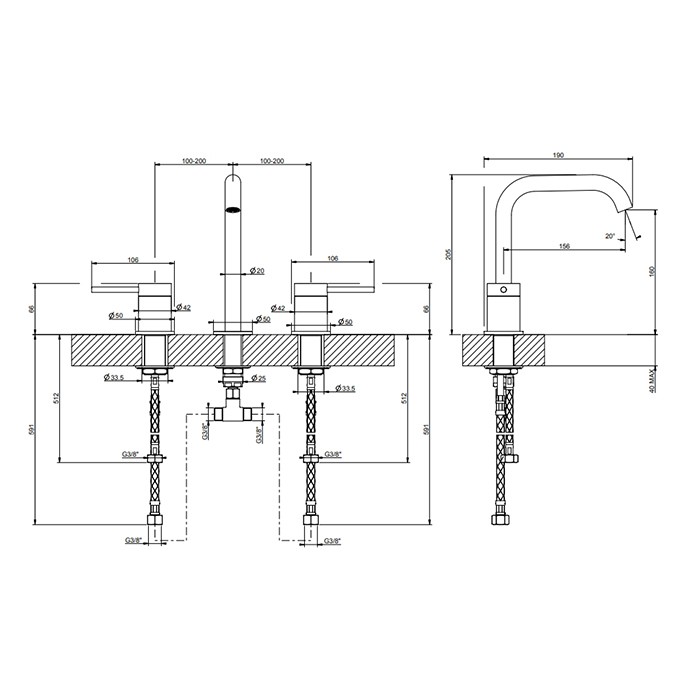 Gessi Смеситель для раковины, на 3 отв., без донного клапана, излив 15.6см, h=20см., 316, 54012#299 цвет: black xl
