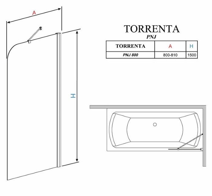 Radaway шторка на ванну pnj 80 профиль хром стекло прозрачное, Torrenta - 201101-101NR