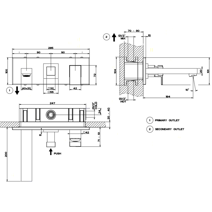 Gessi Встраиваемый смеситель с изливом и переключателем PUSH, Rettangolo, 44906#031 цвет: хром