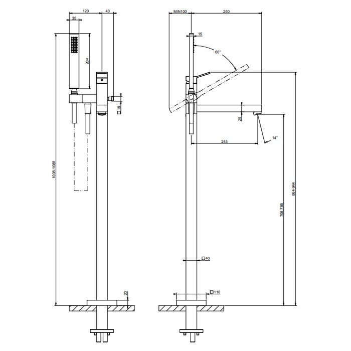 Gessi Смеситель для ванны, напольный, с ручным душем, и шлангом 150см., внешняя часть, Rettangolo, 53129#707 цвет: black metal brushed pvd