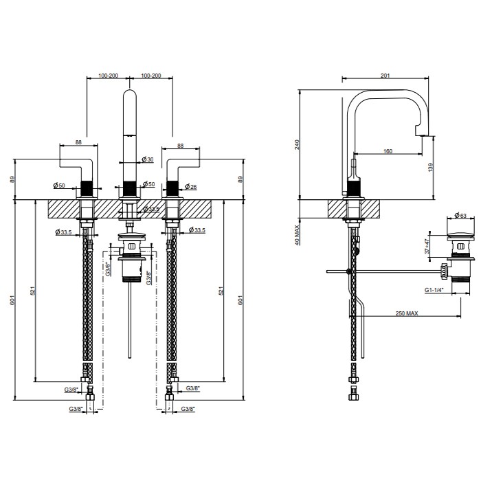 Gessi Смеситель для раковины на 3 отв., с донным клапаном, Inciso, 58013#246 цвет: золото