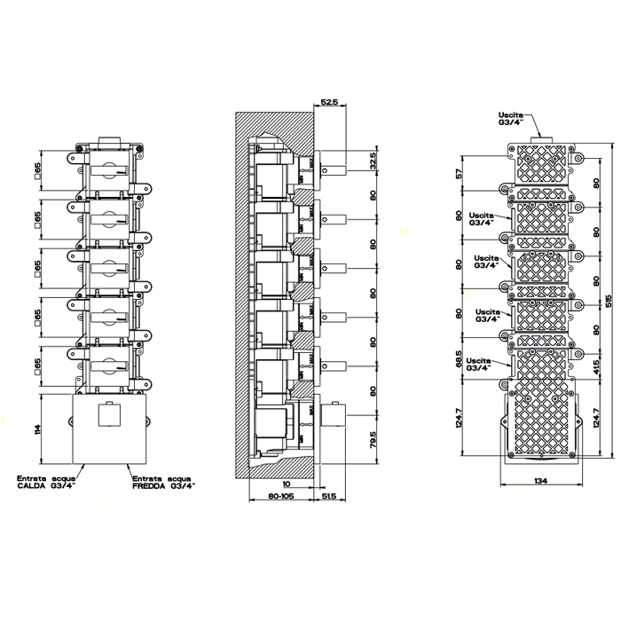 Gessi Встраиваемый термостатический смеситель, подключение на 3/4”, с 5ю независимыми выходами, Rettangolo, 43220#031 цвет: хром