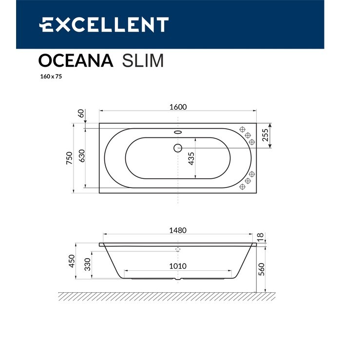 Встраиваемая ванна slim 160x75 ultra, Excellent Oceana, золото арт. WAEX.OCE16S.ULTRA.GL