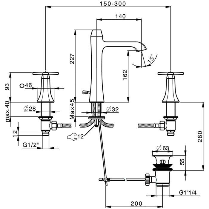 Cisal смеситель для раковины на 3 отверстия, с донным клапаном cx0010607e cherie, цвет: розовое золото