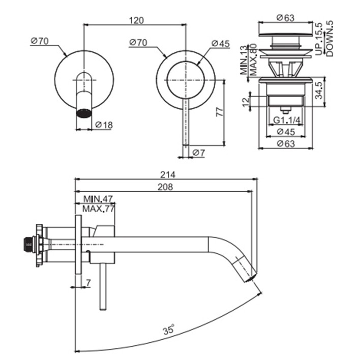 Fima Carlo Frattini смеситель для раковины настенный, однорычажный, излив 21см., внешняя часть, spillo up, хром арт. f3051wlx8cr