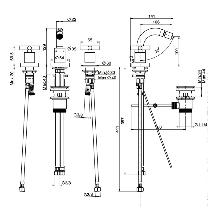 Fima Carlo Frattini смеситель на биде, на 3 отв., с донным клапаном, maxima, хром арт. f5302wcr