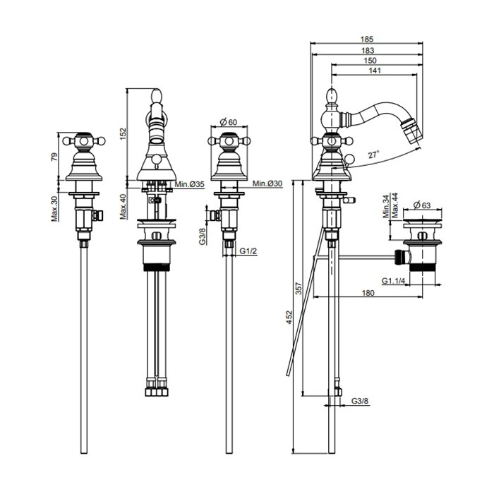 Fima Carlo Frattini cмеситель для биде, на 3 отв., с донным клапанном, elizabeth, золото арт. f5082or