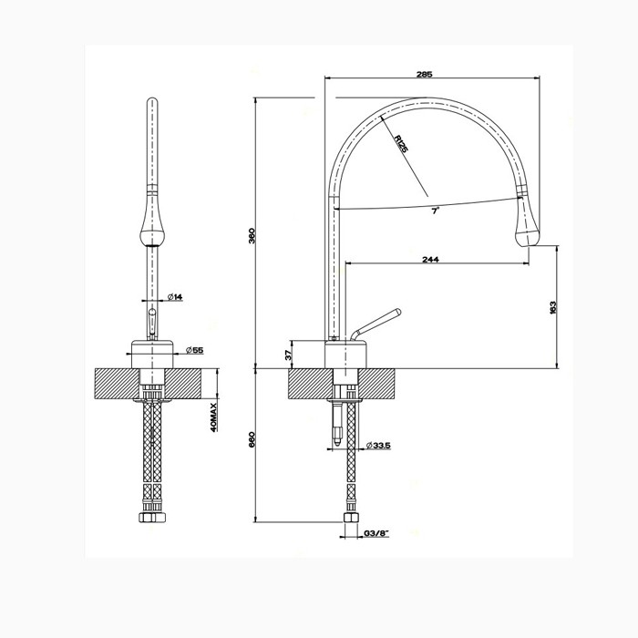 Gessi Смеситель для раковины на 1 отверстие, излив 244мм R=125, Goccia, 33602#031 цвет: хром