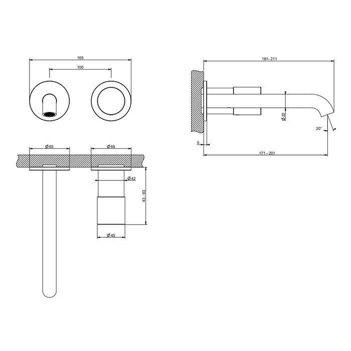 Gessi Смеситель для раковины, настенный, Habito Unito, 70088#031 цвет: хром