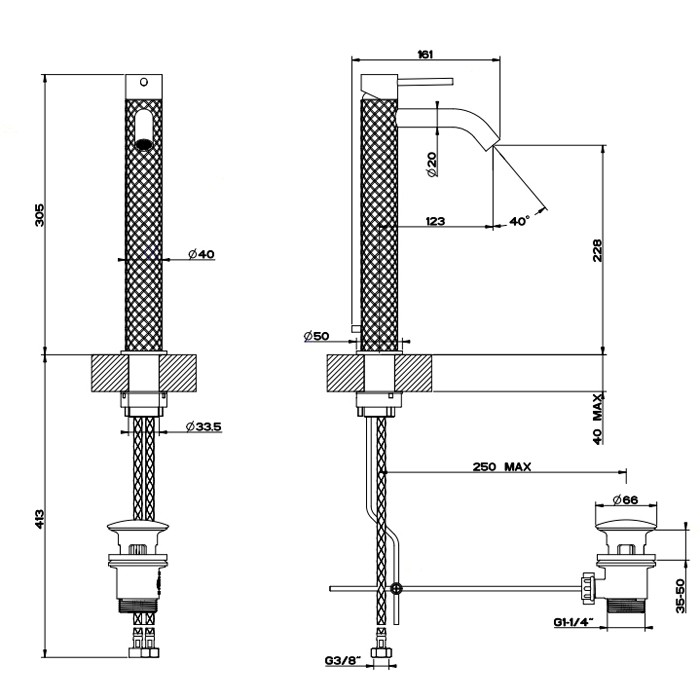 Gessi Смеситель однорычажный высокий с донным клапаном, Intreccio, 54104#239 цвет: шлифованная сталь