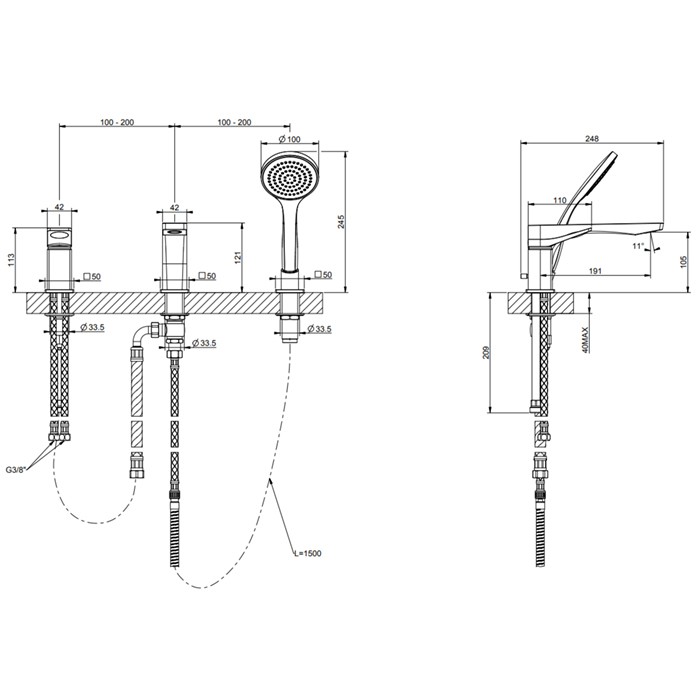 Gessi Смеситель на борт ванны на 3 отв, с убирающаяся душевой лейкой, Rilievo, 59037#031 цвет: хром