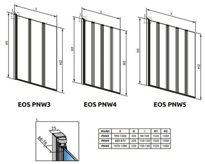 Radaway шторка на ванну pnw4 87 профиль хром стекло прозрачное, Eos - 205401-101