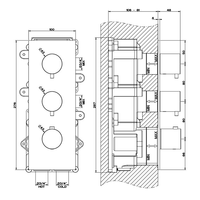 Gessi Смеситель для душа, встраиваемый, термостатический, на 2 источника, (внешние части), 316, 54514#299 цвет: black xl