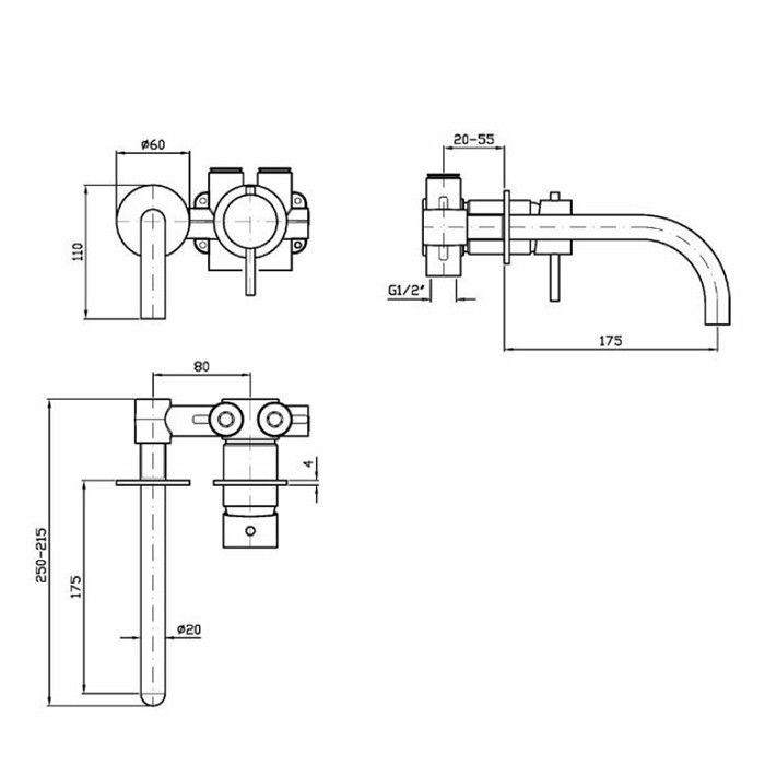 Zucchetti смеситель для раковины, встраиваемый, излив: 17.5см., helm, brushed total black pvd арт. zhe721.xp81