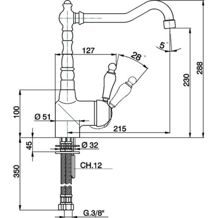 Cisal смеситель однорычажный на 1 отверстие для кухни, с поворотным изливом 215 мм em00253027 arcana empress, цвет: бронза