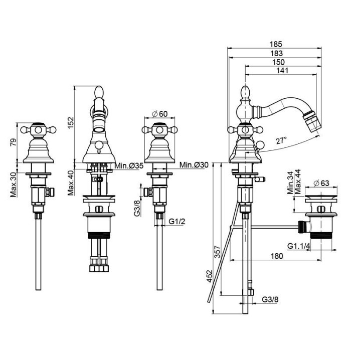 Fima Carlo Frattini смеситель для биде на 3 отверстия с вращающимся изливом, elizabeth, хром арт. f5082cr