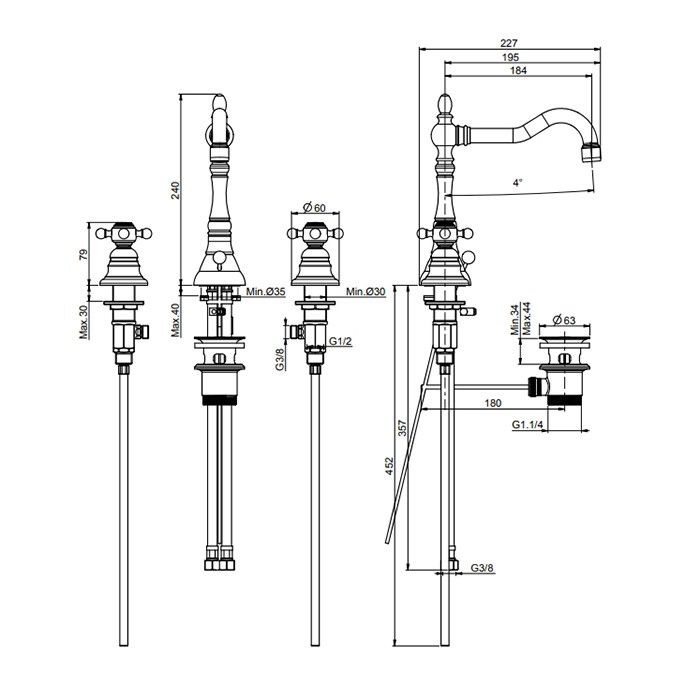Fima Carlo Frattini смеситель для раковины, на 3 отв., с донным клапаном, elizabeth, золото арт. f5081or