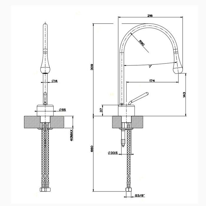 Gessi Смеситель для раковины на 1 отверстие, излив 174мм R=90, Goccia, 33601#031 цвет: хром