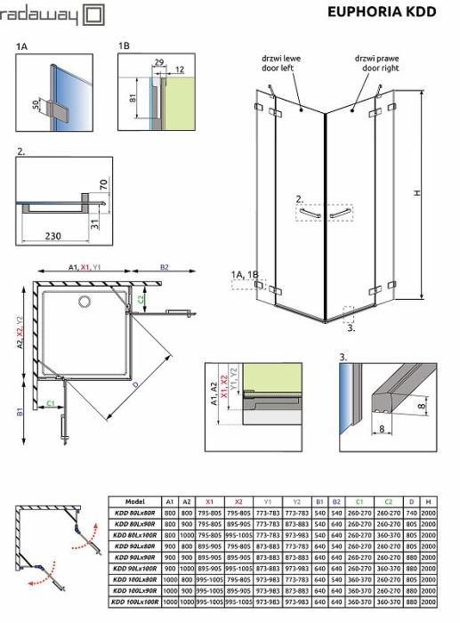 Radaway душевая дверь kdd 90 профиль хром стекло прозрачное, Euphoria - 383060-01R