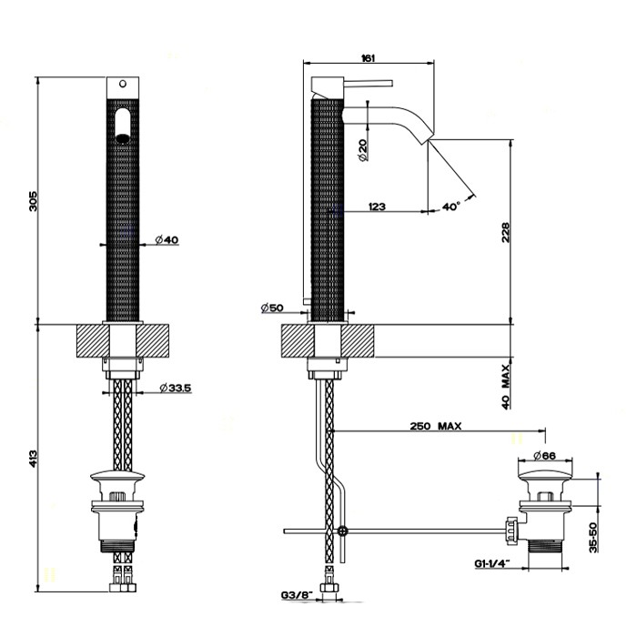 Gessi Смеситель однорычажный высокий с донным клапаном, Meccanica, 54204#239 цвет: шлифованная сталь