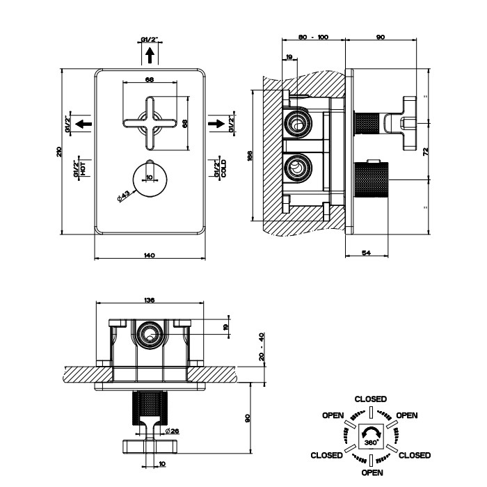 Gessi Смеситель для душа, термостатический, на 3 источника, Inciso, 58236#246 цвет: золото