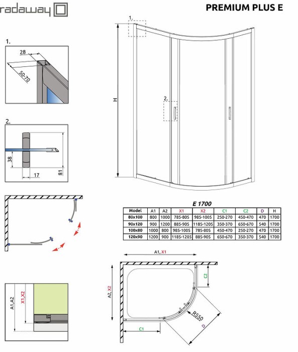 Radaway душевой уголок 1700 100x80 профиль хром стекло прозрачное, Premium Plus - 30481-01-01N