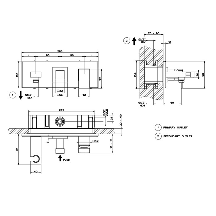 Gessi Смеситель для раковины, встраиваемый, однорычажный, с изливом, подводом воды, держателем лейки и переключателем PUSH, Rettangolo, 44910#299 цвет: black xl