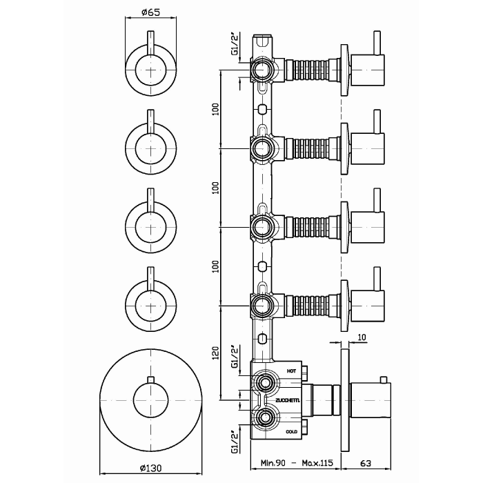 Zucchetti встроенный термостатический смеситель с 4 запорными клапанами, closer, хром арт. zcl662