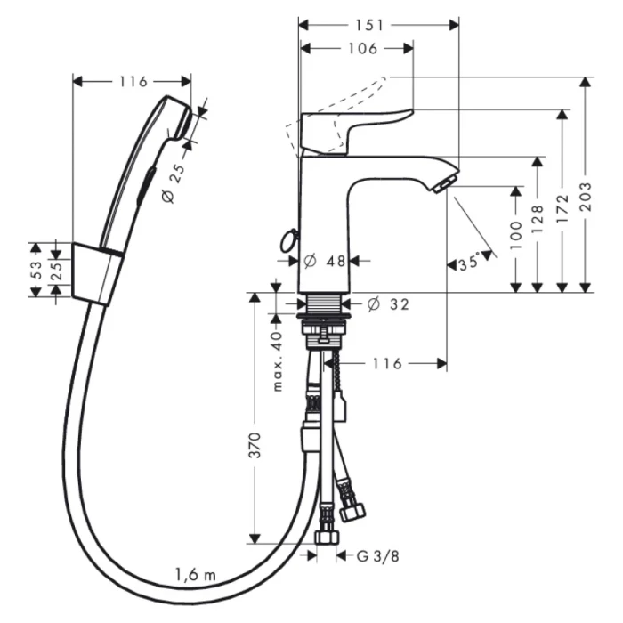 Hansgrohe смеситель для раковины 110 с гигиеническим душем, Metris, хром арт. 31285000