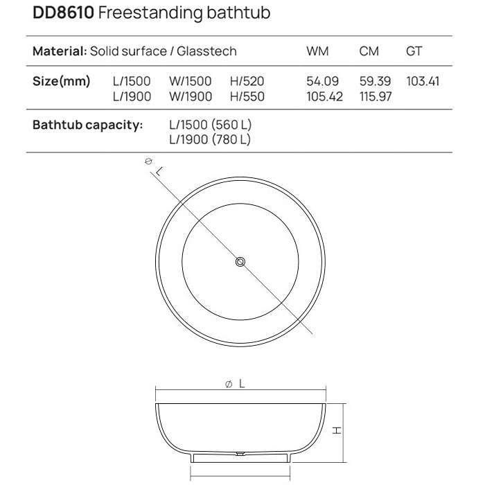 Ванна 150x150x52см., отдельностоящая, Glasstek, прозрачная смола, Dea Design Round, коричневый арт. DD8610 1500 R9