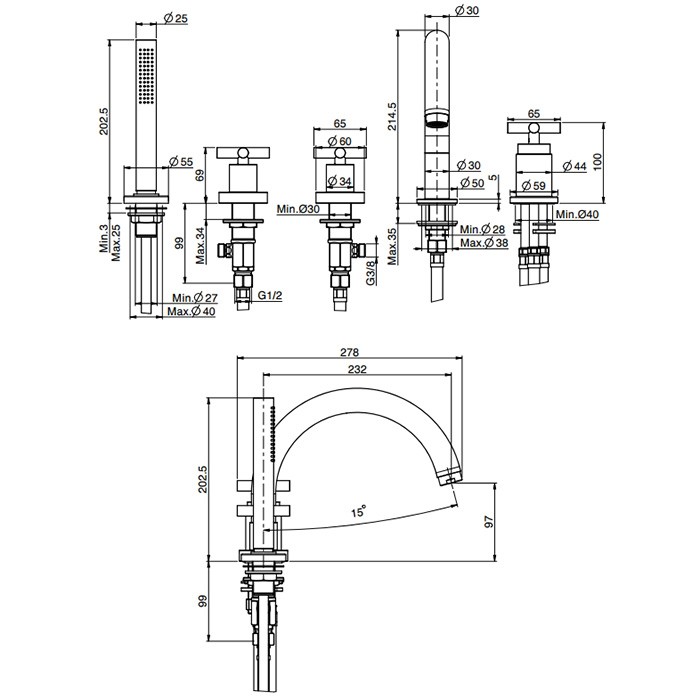 Fima Carlo Frattini смеситель на борт ванны, на 5 отв., с ручным душем, maxima, черный арт. f5314ns