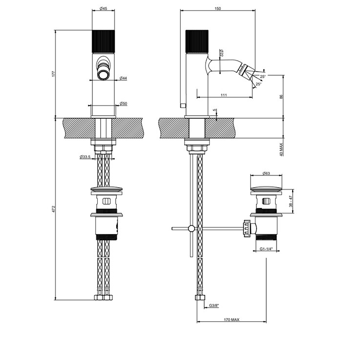 Gessi Смеситель для биде, 1 отв., с донным клапаном, Habito Rigato, 70507#031 цвет: хром