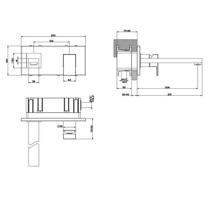 Gessi Смеситель для раковины, встраиваемый, однорычажный, излив 206мм, Rettangolo, 44836#299 цвет: black xl