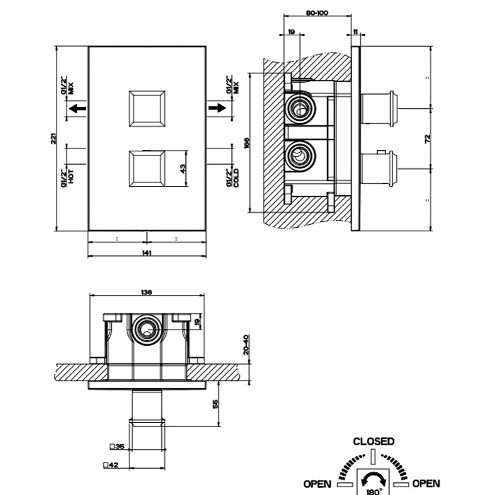 Gessi Встраиваемый термостат, подключение на 3/4”, с переключателем на 2 выхода и фильтрами, Eleganza, 46234#149 цвет: finox
