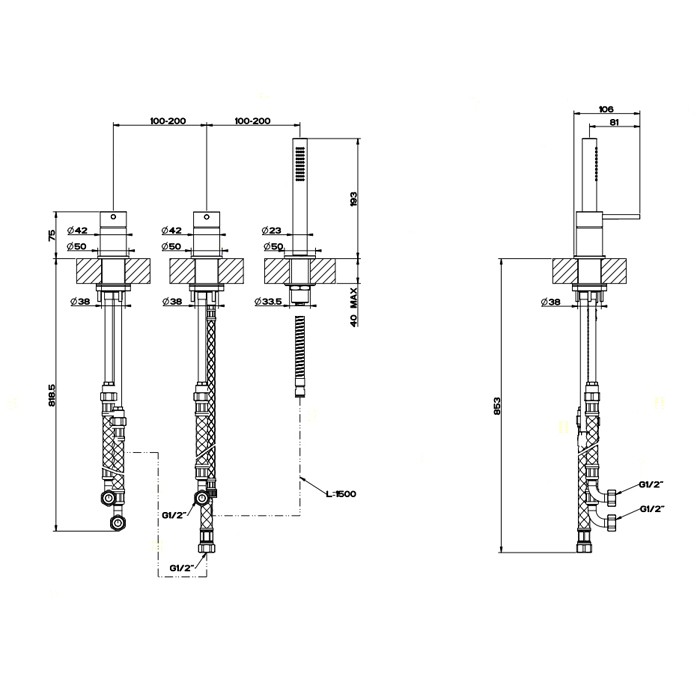 Gessi Смеситель для ванны на 3 отверстия, убирающаяся душевая лейка, Bath316, 54043#239 цвет: шлифованная сталь
