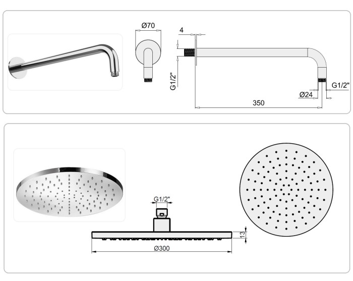 Душевой гарнитур:верхний душ D300 мм с настенным держателем L350 мм,ручная лейка,шланг 150 см,вывод с держателем, Almar Round, E221008.CR цвет: хром