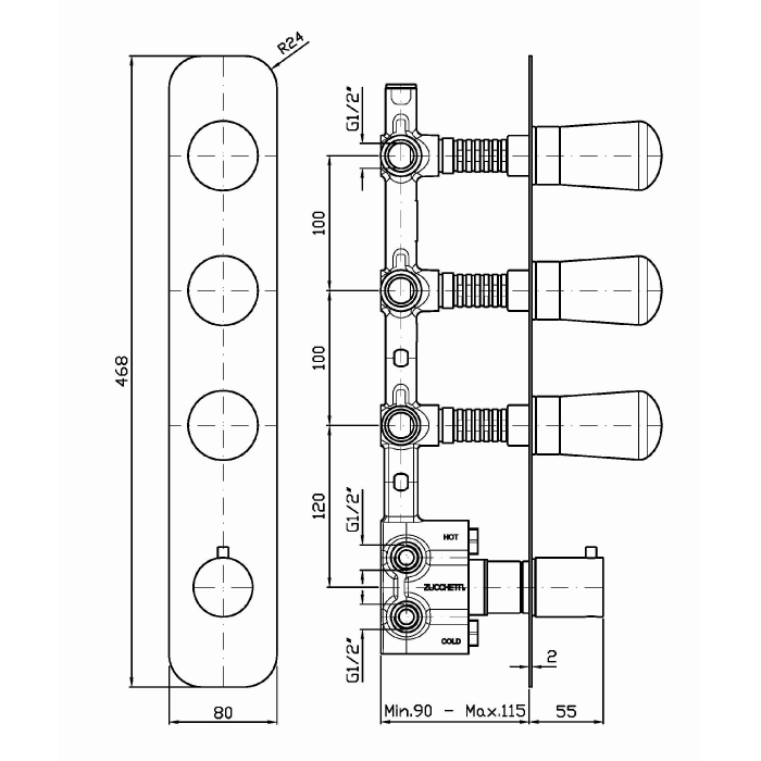 Zucchetti встроенный термостатический смеситель с 3 запорными клапанами, nude, хром арт. znu661