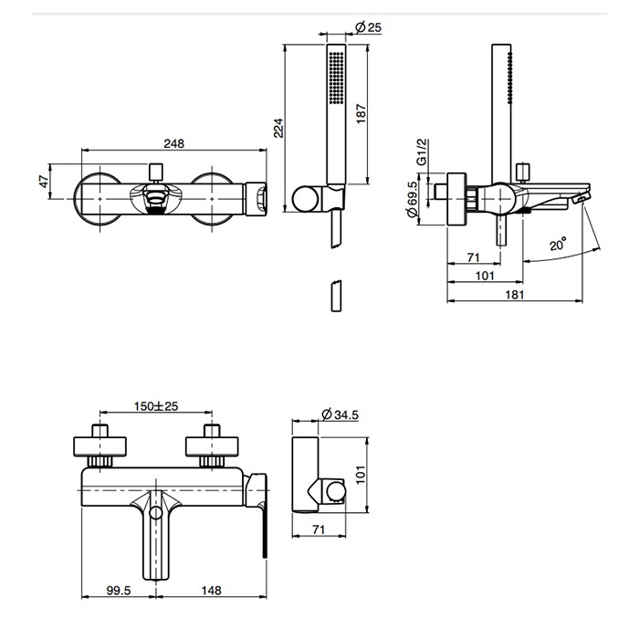 Fima Carlo Frattini смеситель для ванны, настенный, с ручным душем, mast, хром арт. f3134ns